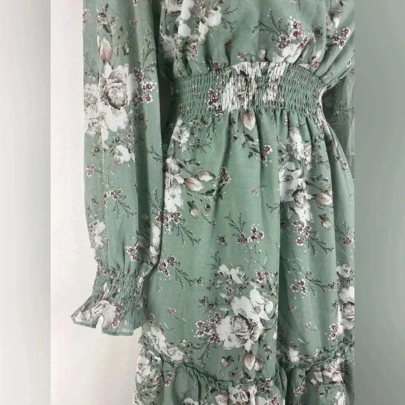 Prettywear Women's Floral Chiffon Long Sleeve Mini Dress Flowy A-Line Wrap Neck - Picture 6 of 9